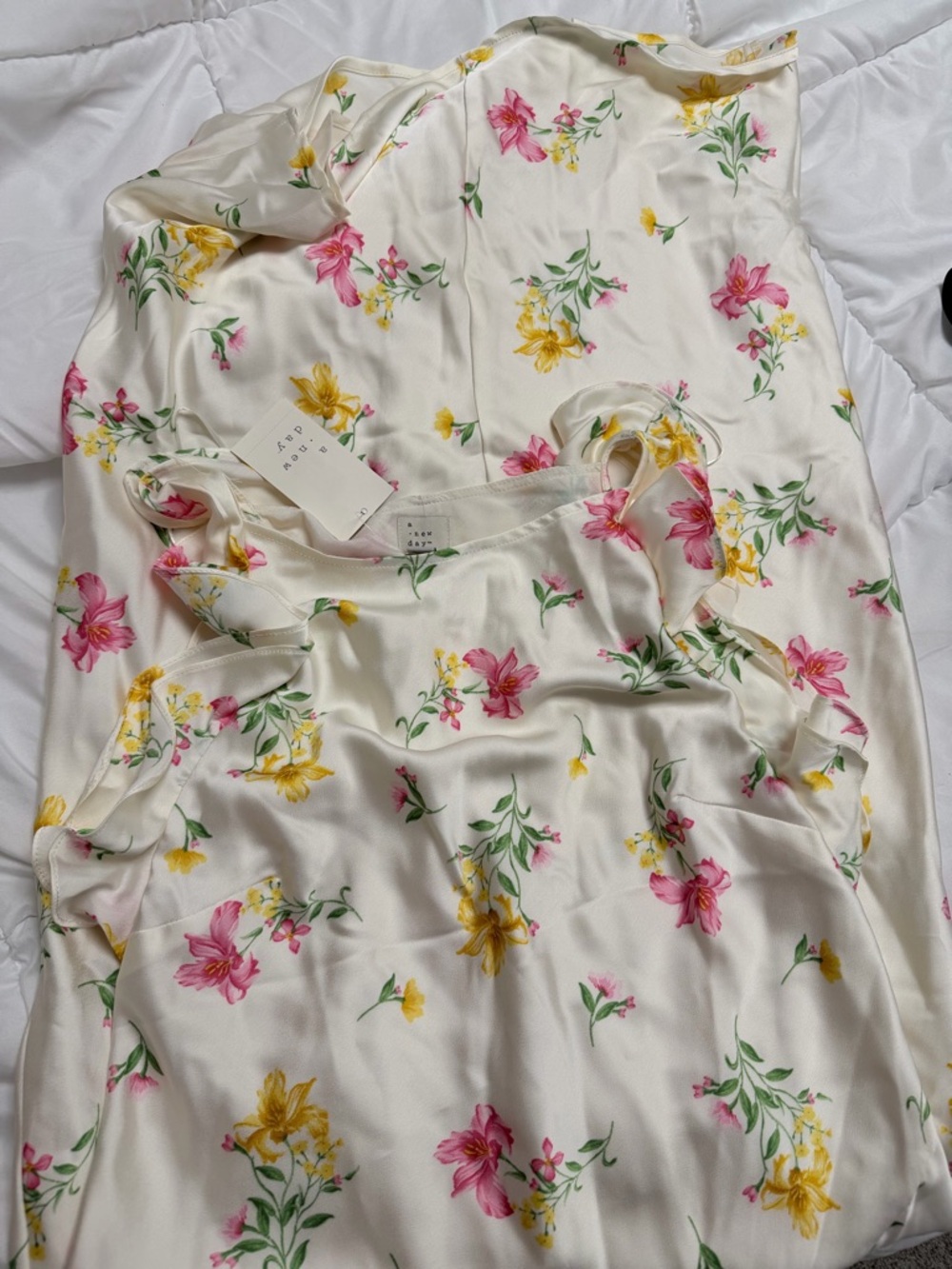 a new day Cream Floral Satin Slip Dress with Pink & Yellow Accents